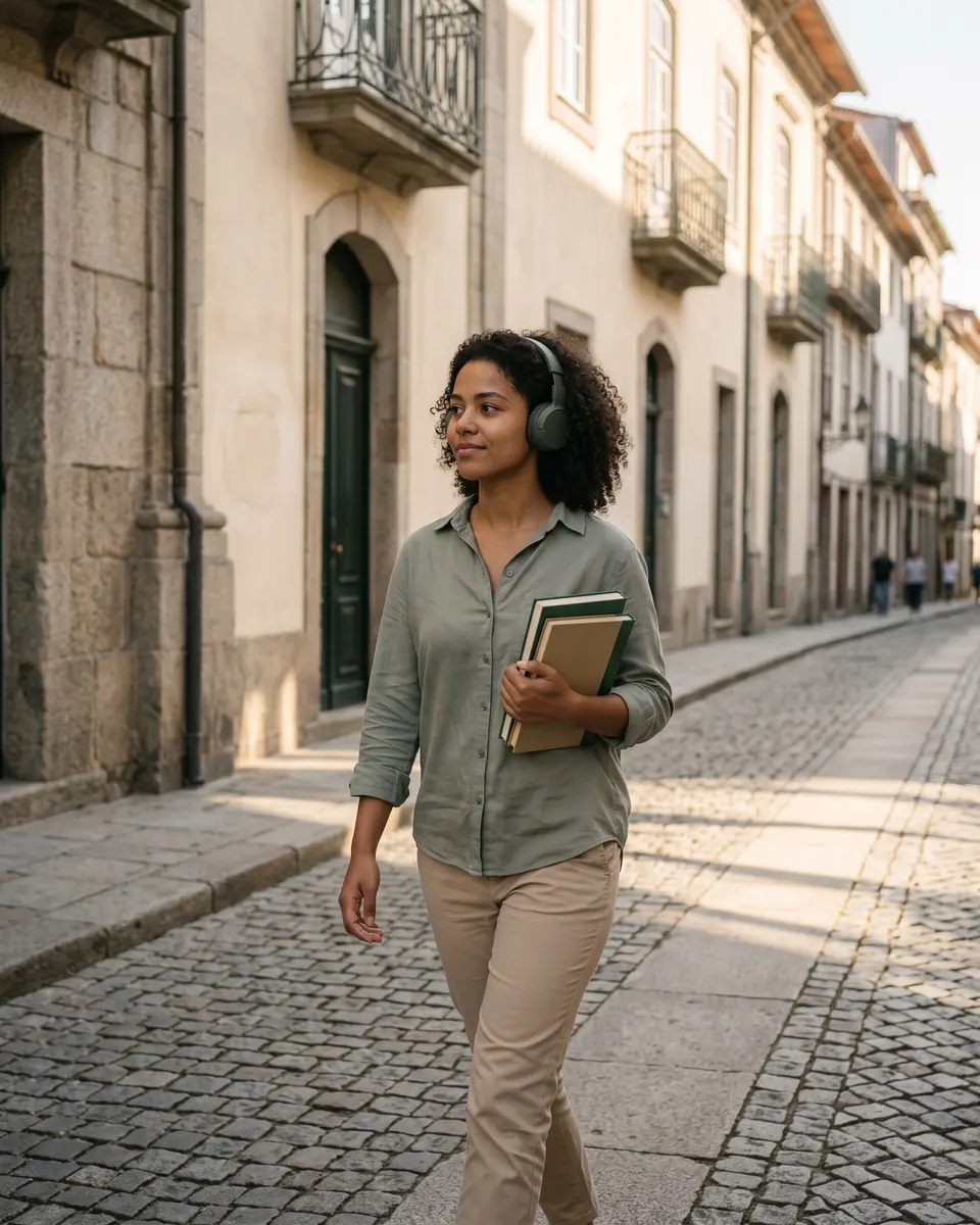 Uma pessoa com fones de ouvido leva livros ao caminhar por uma rua.