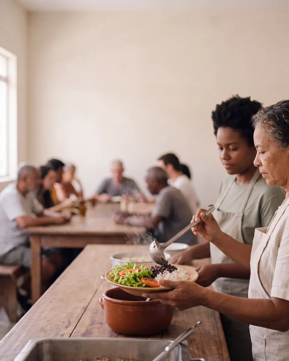 Voluntárias servindo uma refeição em um espaço comunitário.