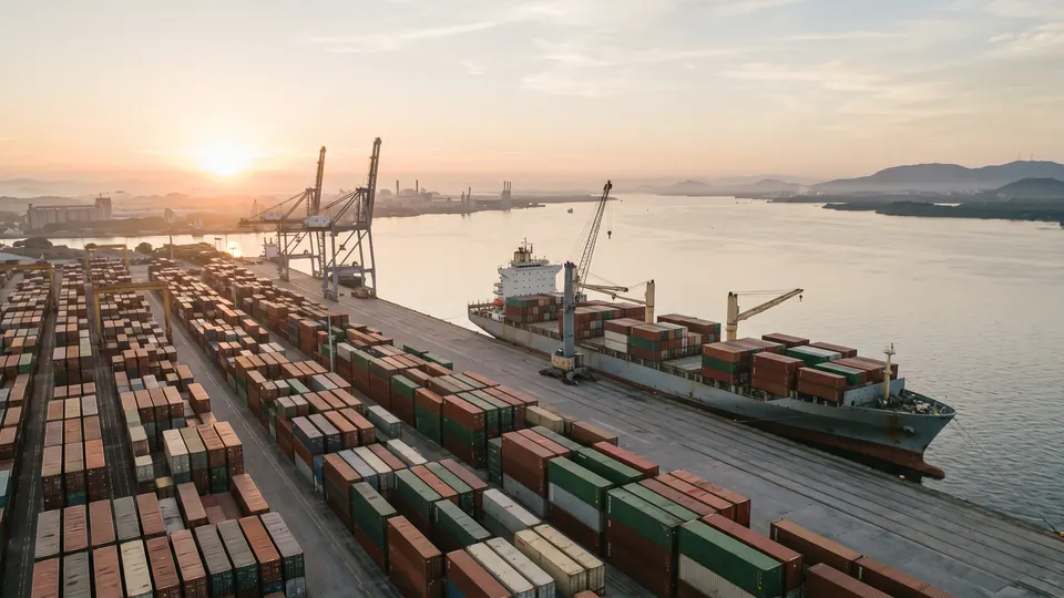 Contêineres e embarcações em um porto ao amanhecer.