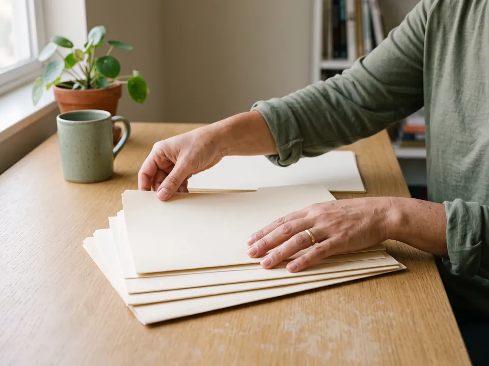 Documentos e registros organizados sobre uma mesa de trabalho.